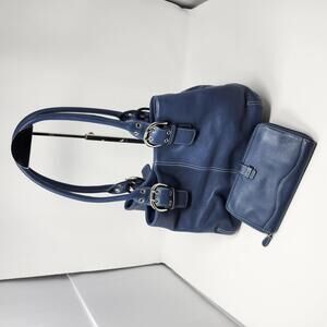 Tignanello Blue Pebbled Leather Tote Bag + Matching Zip Wallet Set